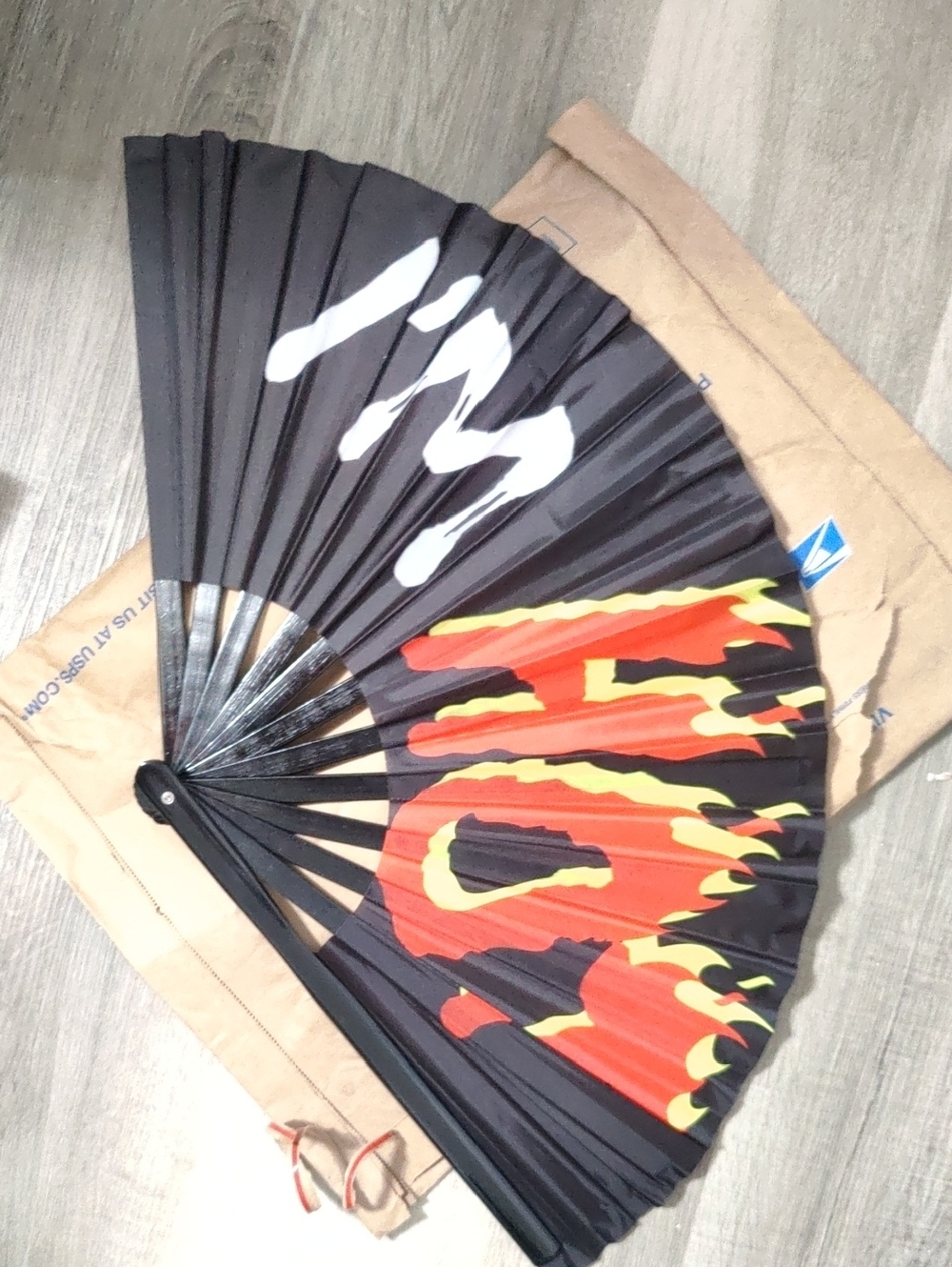 Black Folding Snap Fan – Flame Graphic – 24" – “WHERE DEM FANS AT!!” – Like New